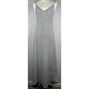 Artisan NY Linen Maxi Dress Sz S Blue Stripe V-Neck Minimalist Coastal Casual